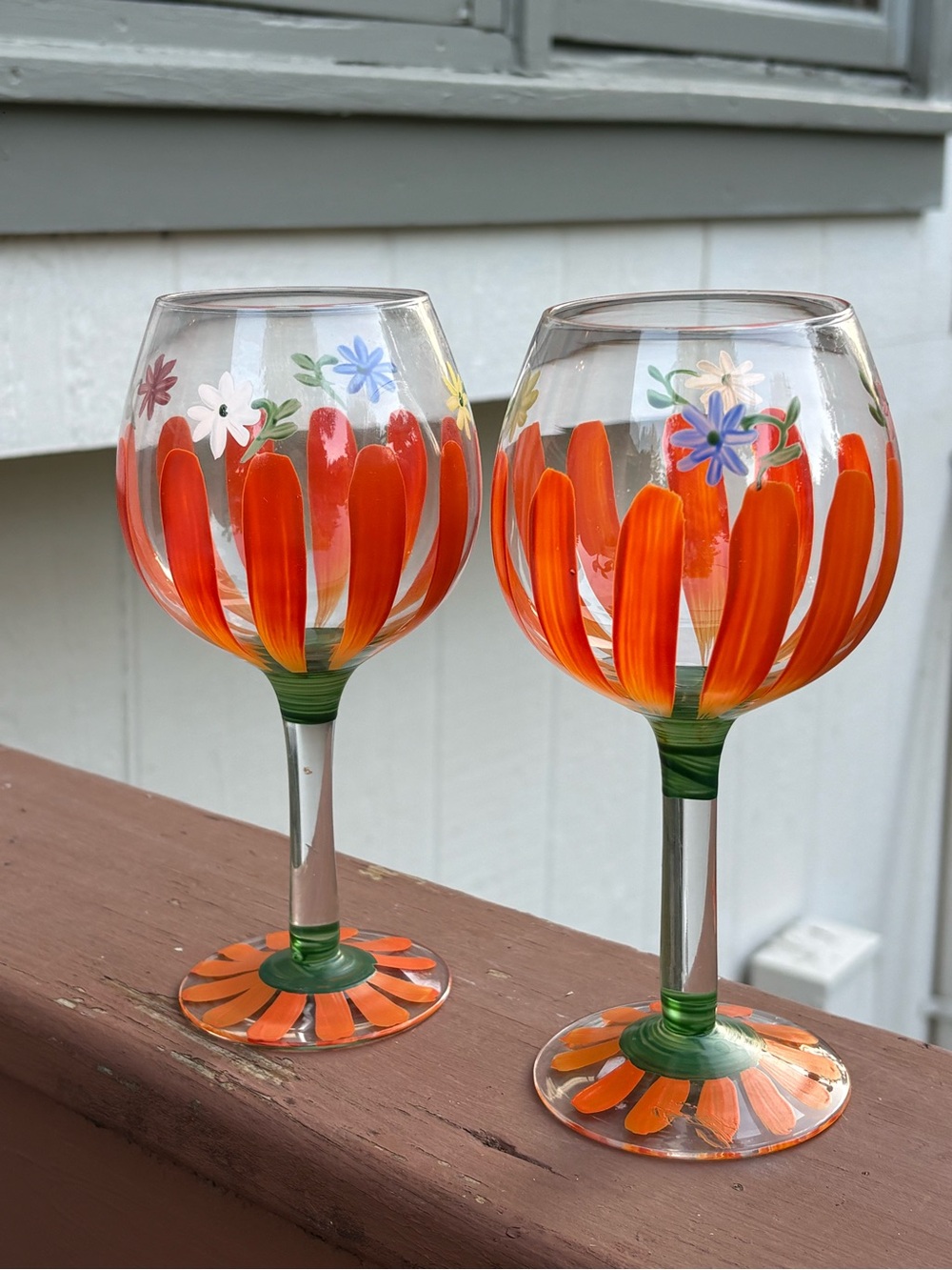 Hand-Painted Orange Floral Stemmed Wine Glasses